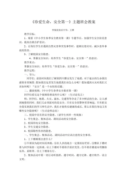 《珍爱生命,安全第一》主题班会教案