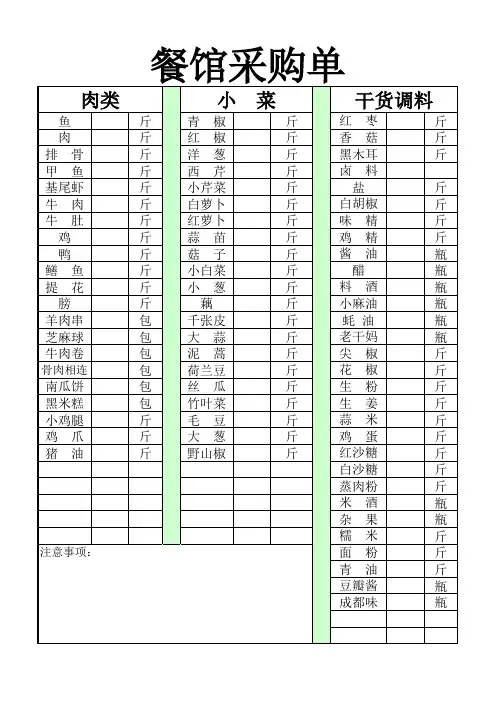 餐馆菜类采购单