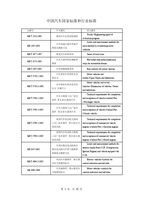 中国汽车国家标准和行业标准