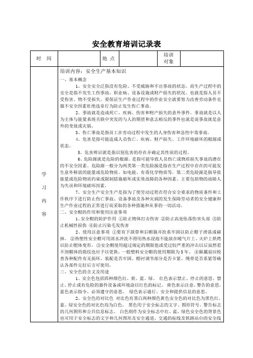 安全教育培训记录表之安全生产管理知识