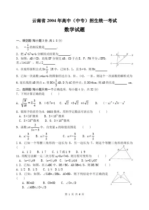 2004年云南省高中(中专)招生统一考试数学试卷(含答案)