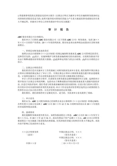 审计报告格式(非标准报告格式)