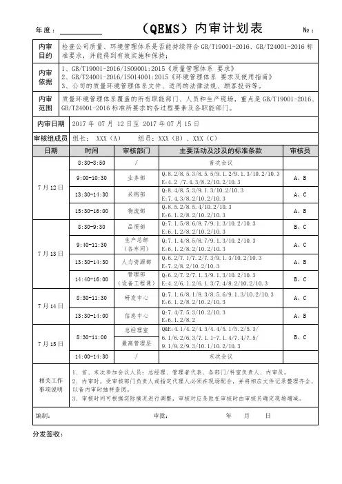 qems内审计划表(205标准版)