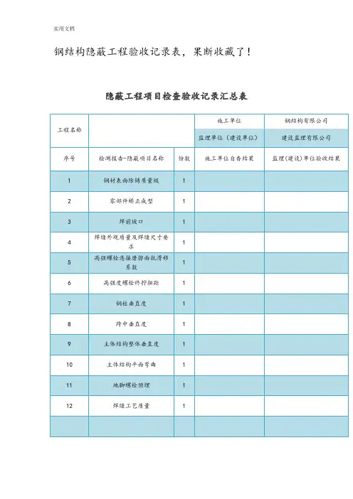 钢结构隐蔽工程验收记录簿表