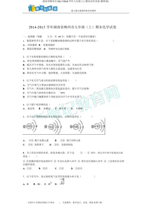 湖南省郴州市2014-2015学年九年级(上)期末化学试卷(解析版)