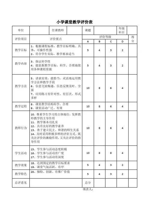 小学课堂教学评价表
