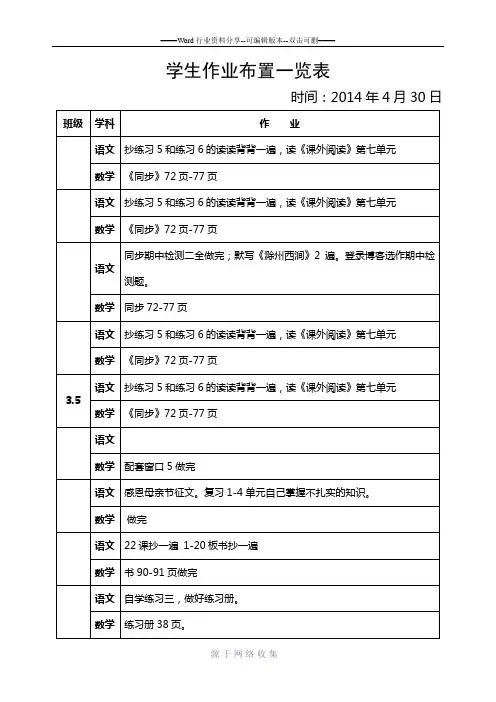 学生作业布置一览表