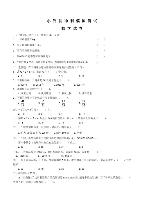 人教版数学六年级小升初模拟试卷及答案解析