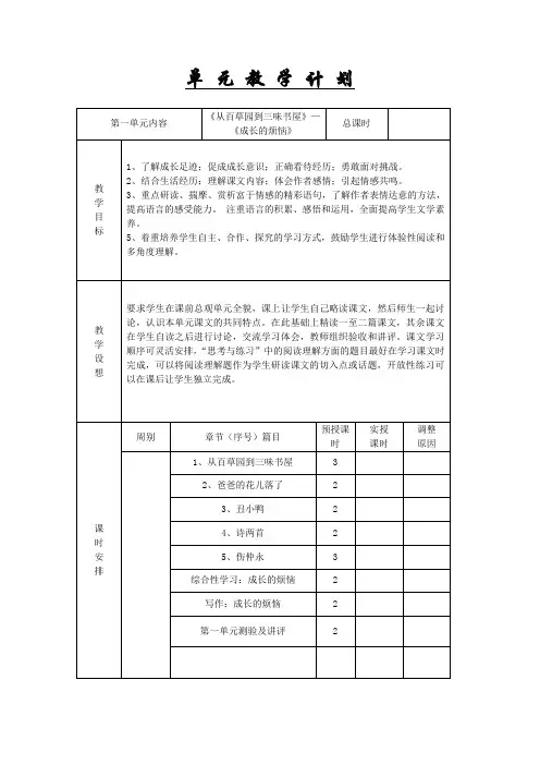 人教版语文七年级上册单元学计划(表格式)