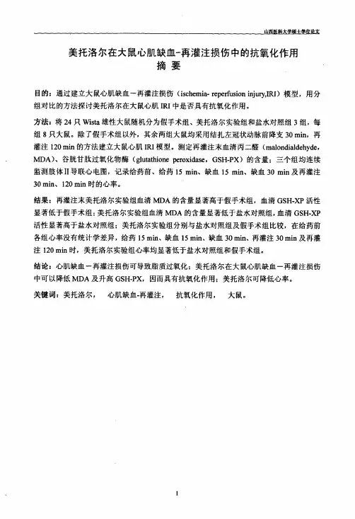 美托洛尔在大心肌缺血-再灌注损伤中的抗氧化作用