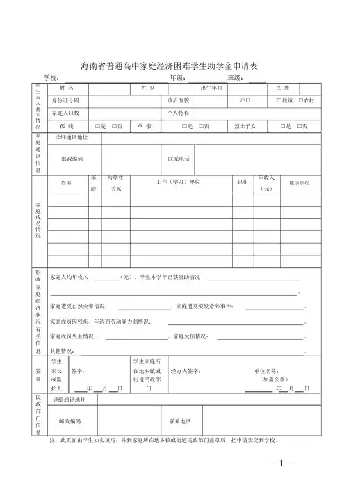 海南省普通高中家庭经济困难学生助学金申请表