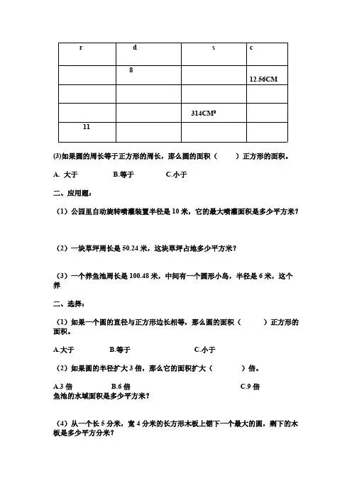 六年级圆的面积与周长练习题