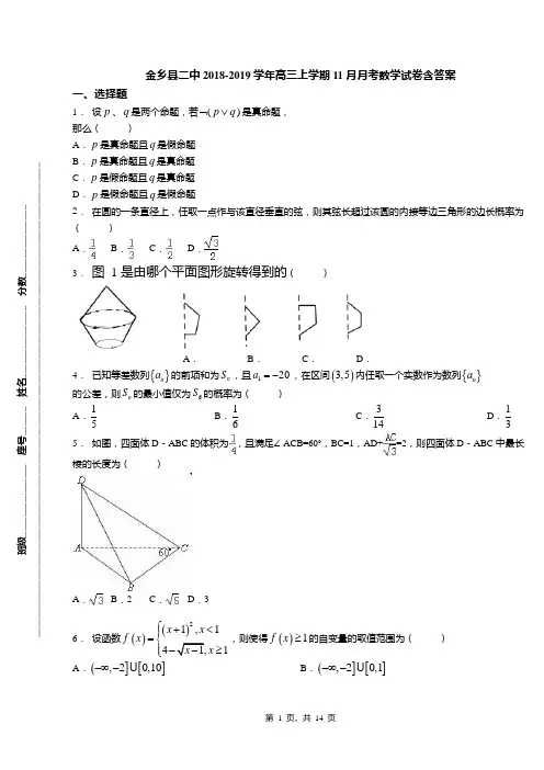 金乡县二中2018-2019学年高三上学期11月月考数学试卷含答案