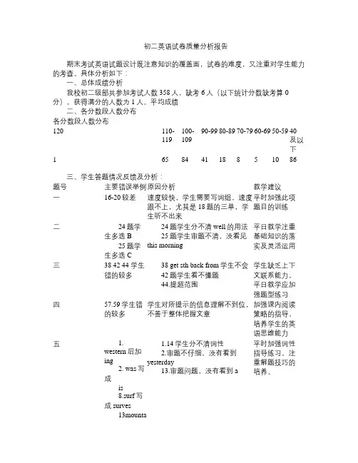 初二英语试卷质量分析报告