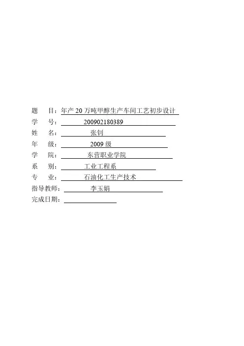 年产30万吨甲醇生产车间工艺初步设计 精品
