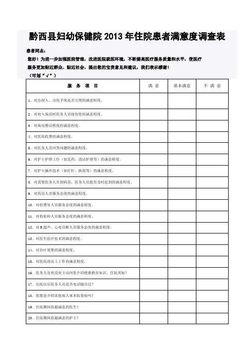 住院患者满意度调查表