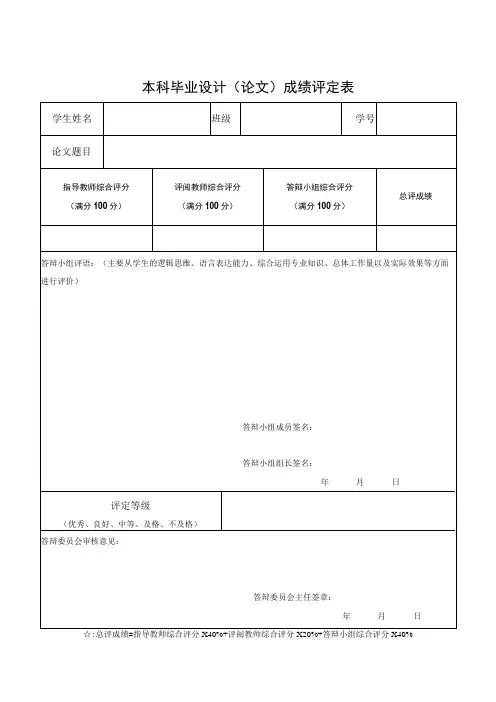 温州大学本科毕业设计论文成绩评定表