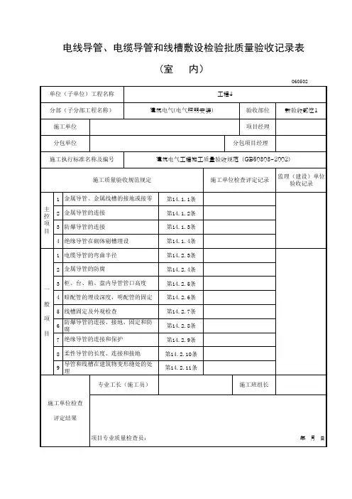 电线导管、电缆导管和线槽敷设检验批质量验收记录表(室内)