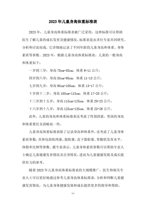 2023年儿童身高体重标准表