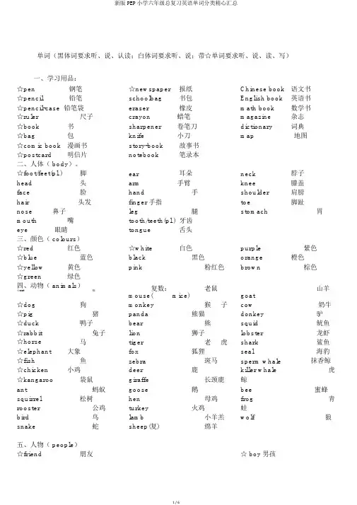 新版PEP小学六年级总复习英语单词分类精心汇总 2