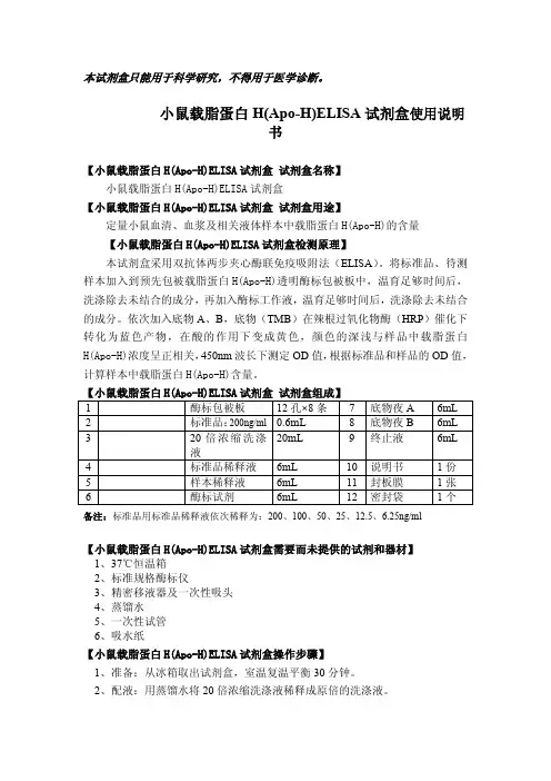 小鼠载脂蛋白H(Apo-H)ELISA 试剂盒使用说明