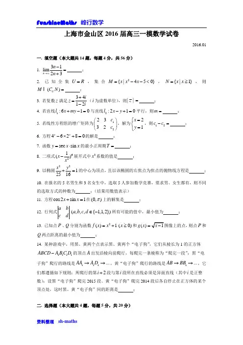 2016届上海市金山区高三一模数学试卷(word版)
