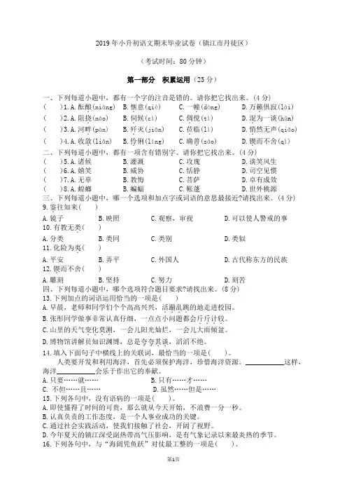 2019年小升初语文期末毕业试卷(镇江市丹徒区)