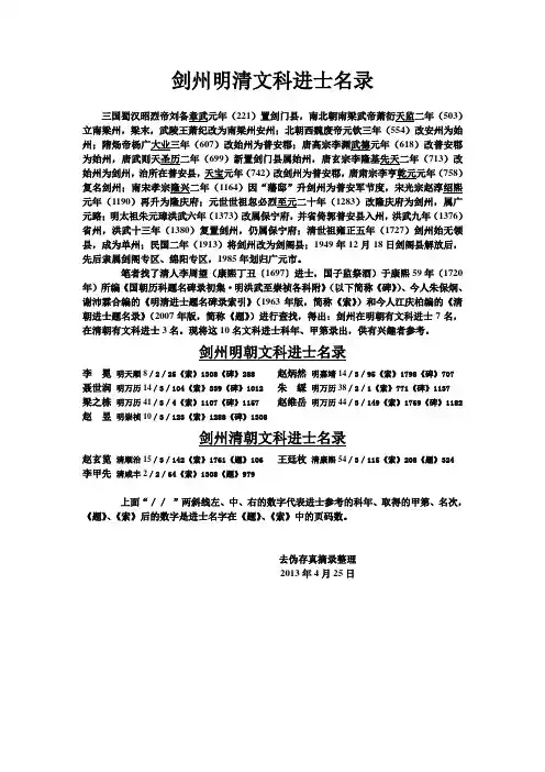 剑州明清文科进士名录