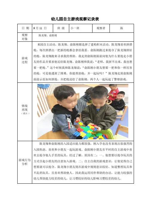 幼儿园自主游戏观察记录表2