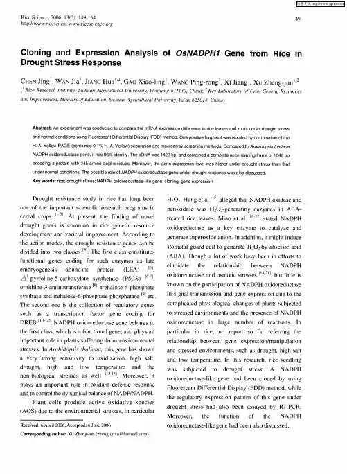 Cloning and Expression Analysis of OsNADPH1 Gene from Rice in Drought Stress Response