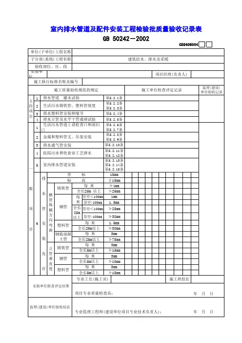 【工程表格模板】内排水管道及配件安装工程检验批质量验收记录表