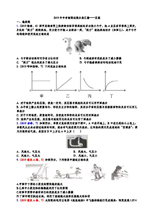2019年中考物理试题分类汇编——压强专题3(WORD版含参考答案)