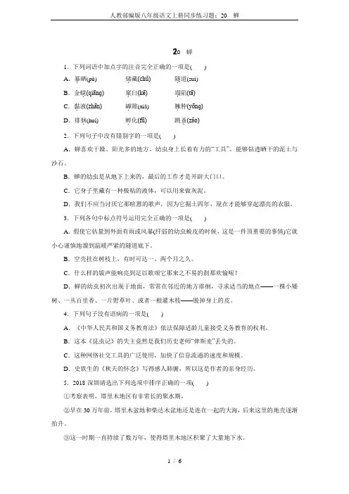 人教部编版八年级语文上册同步练习题：20 蝉