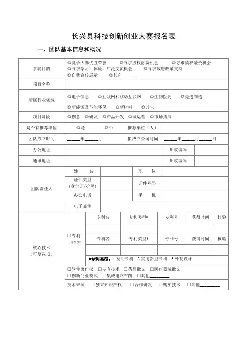 长兴县科技创新创业大赛报名表
