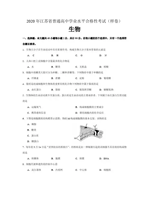 2020年江苏省普通高中学业水平合格性考试生物样题
