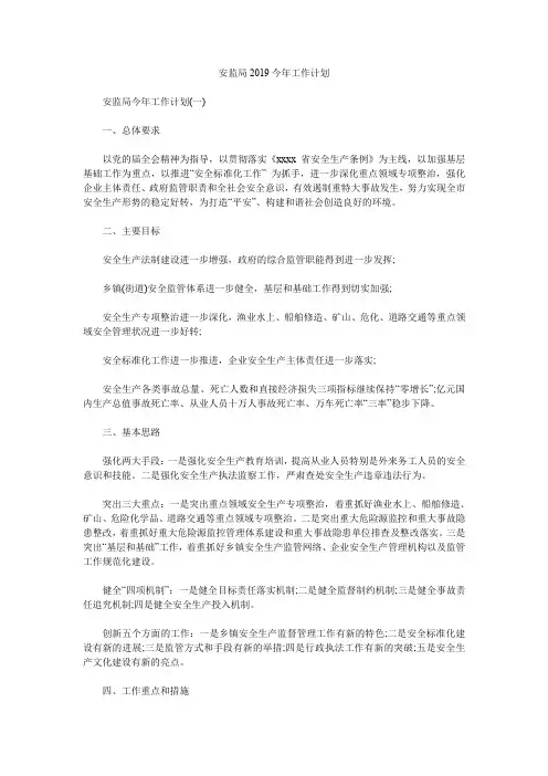 最新整理安监局2019今年工作计划.doc