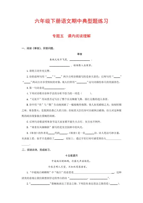 六年级下册语文典型题练习 专题五 课内阅读理解(含答案)