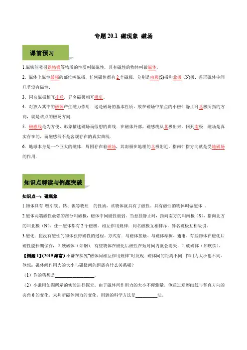 【精编版】2019-2020学年人教版九年级全一册物理精讲精练20-1 磁现象 磁场