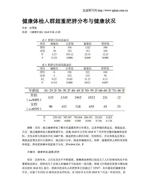 健康体检人群超重肥胖分布与健康状况