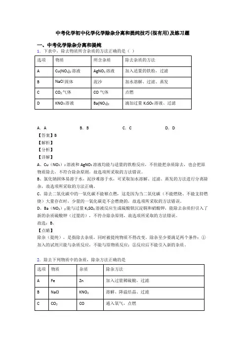 中考化学初中化学化学除杂分离和提纯技巧(很有用)及练习题