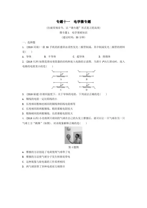 湖南省2020年中考物理一轮复习专题十一电学微专题微专题1电学基础知识练习