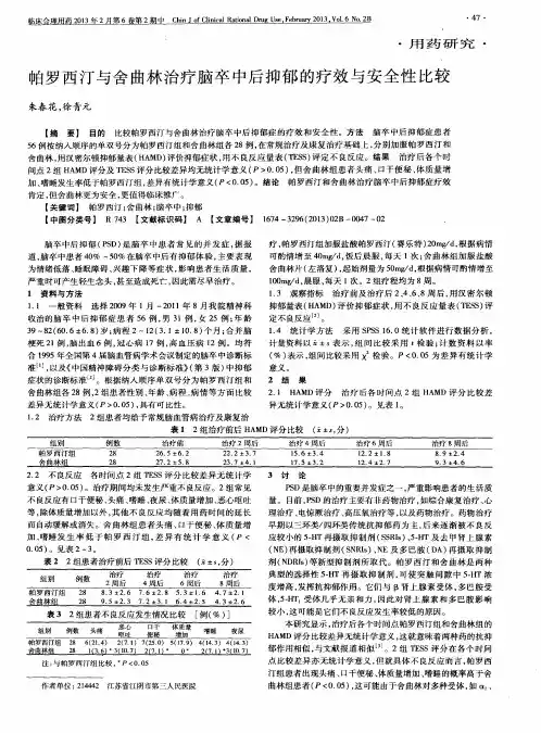 帕罗西汀与舍曲林治疗脑卒中后抑郁的疗效与安全性比较