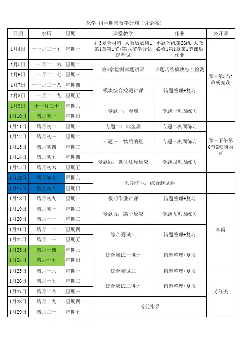 高一化学上学期期末复习计划