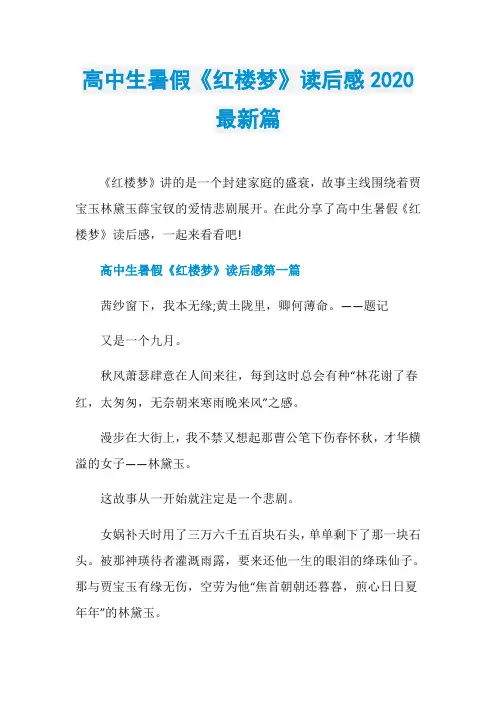 高中生暑假《红楼梦》读后感2020最新篇