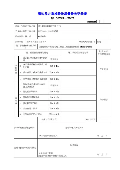 【工程常用表格】沟及井室检验批质量验收记录表