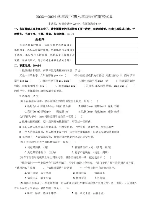 河南省周口市2023-2024学年六年级语文语文下学期期末检测试卷(有答案)