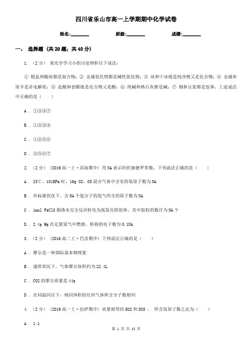 四川省乐山市高一上学期期中化学试卷