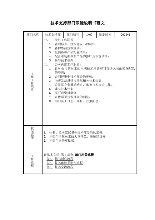 技术支持部门职能说明书范文