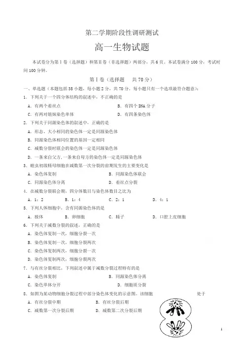 最新高一下册期中考试生物试题有答案