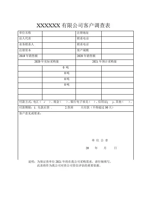 客户需求计划调查表